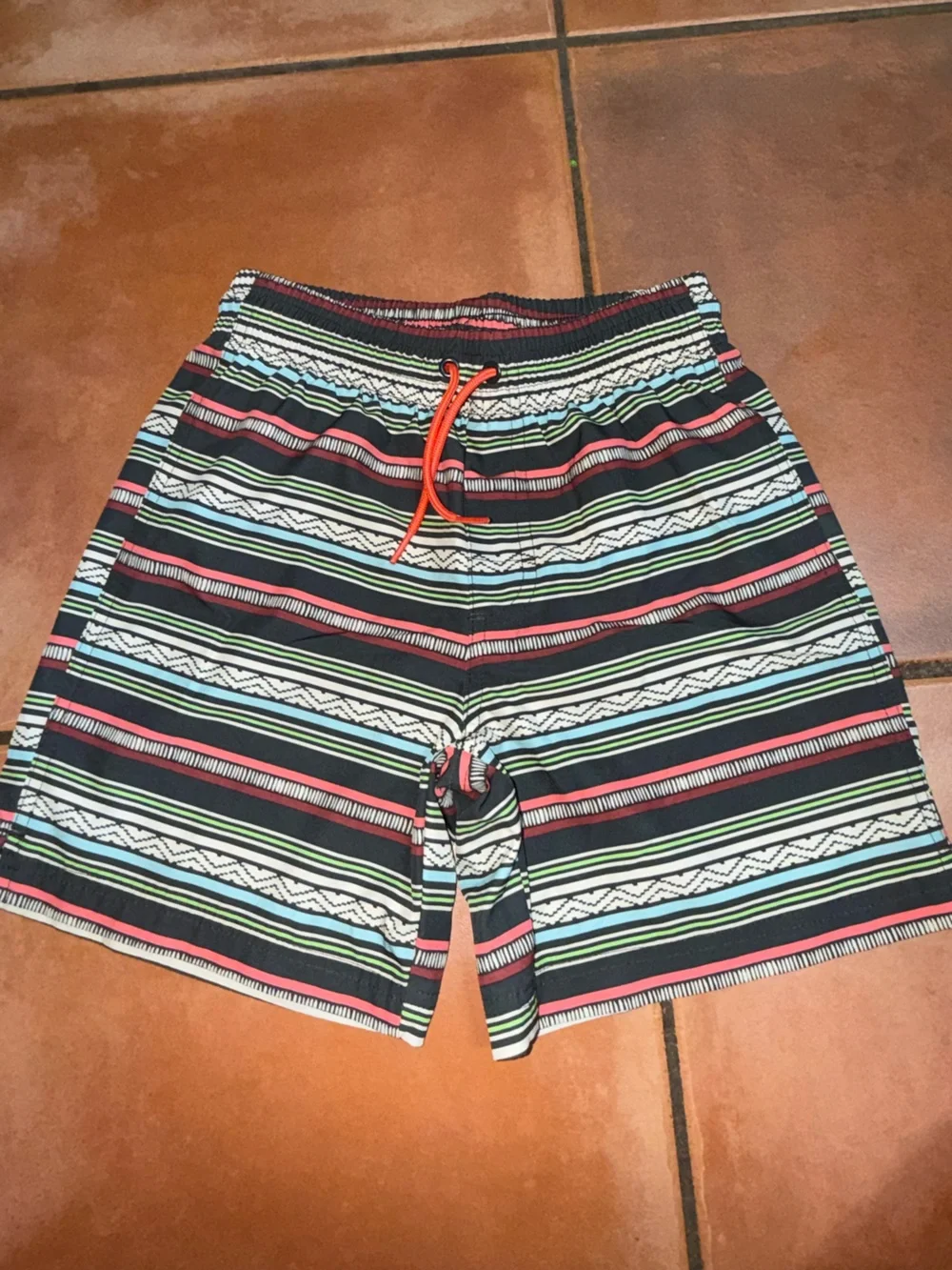 Old Navy Boys' Multicolor Striped Swim Trunks with Orange Drawstring